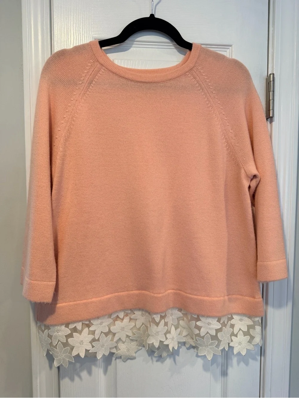 J.Crew Size M Peach Knit Sweater w Floral Lace Hem Merino Wool Blend 3/4 Sleeve